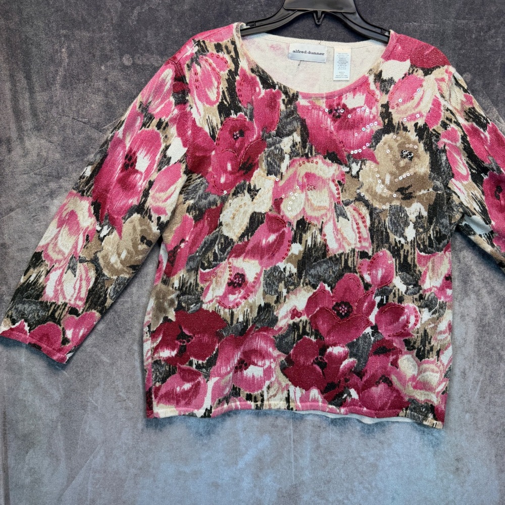 Alfred Dunner Floral Sequin Sweater Womens Large Pink Metallic Grannycore Retro